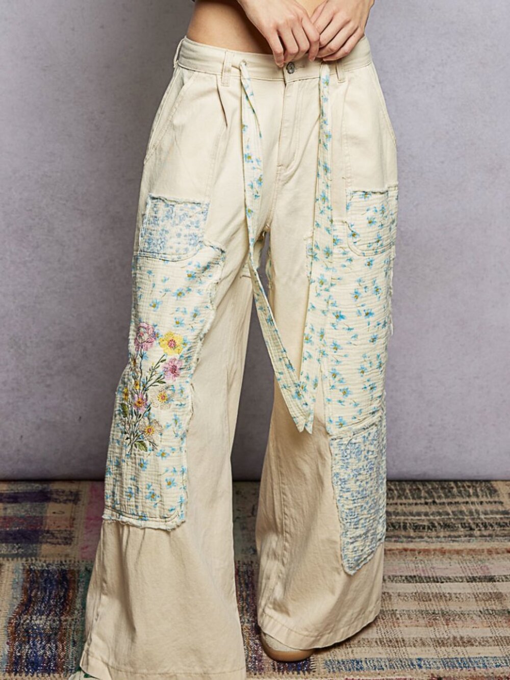 PATCHWORK AND FLOWERED EMBROIDERY DENIM